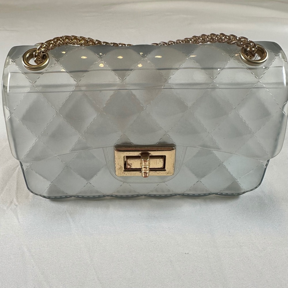 Clear Quilted Jelly Crossbody Mini Bag Shoulder Purse 6.25"x 4" Gold Chain Strap - Picture 2 of 10